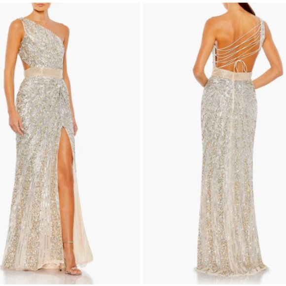 MAC DUGGAL ONE SHOULDER SEQUIN BEADED LACE UP BACK NUDE/SILVER GOWN sz 10 - Picture 1 of 4